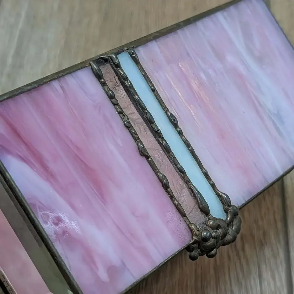 Vintage Stained Glass Jewelry Box with Pink Swirl Art Glass Lid and Mirrored Bot